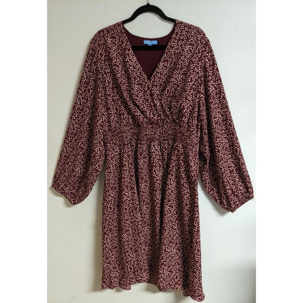 Draper James RSVP Ditsy Floral Burgundy/White Smocked Waist A-Line Dress 2X - Picture 2 of 16
